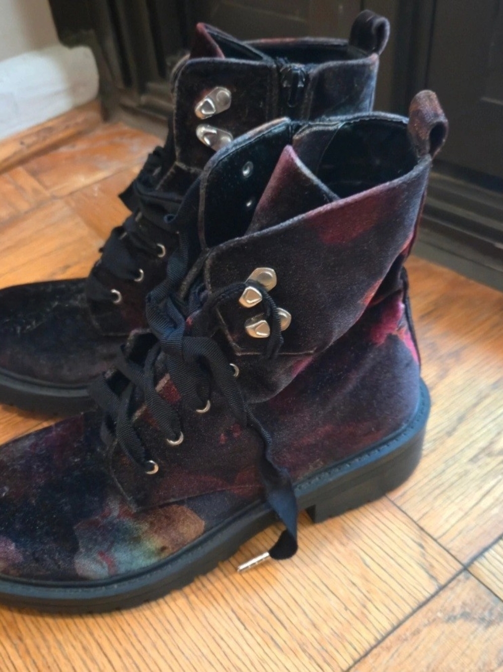 Steve Madden Velvet Lace-Up Ankle Boots in Burgundy and Black - Picture 2 of 9